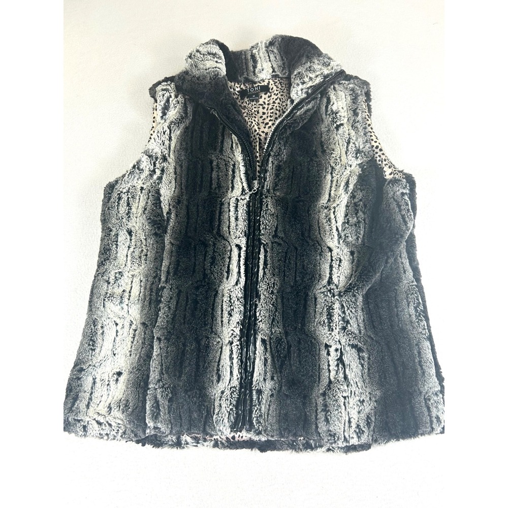 Toni Morgan Faux Fur Vest Women Medium Grey Animal Print Glam